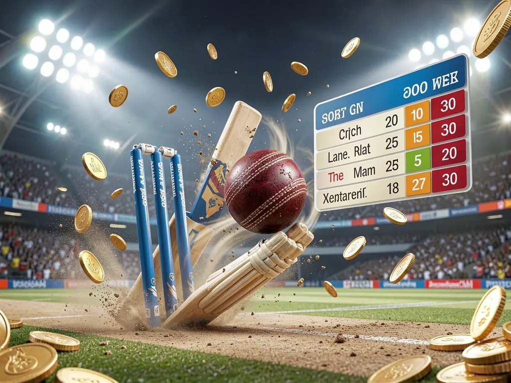 T880 cricket match betting banner showing a cricket ball hitting the wickets with dynamic motion under stadium lights, featuring a floating odds interface and coins, creating a premium sports atmosphere