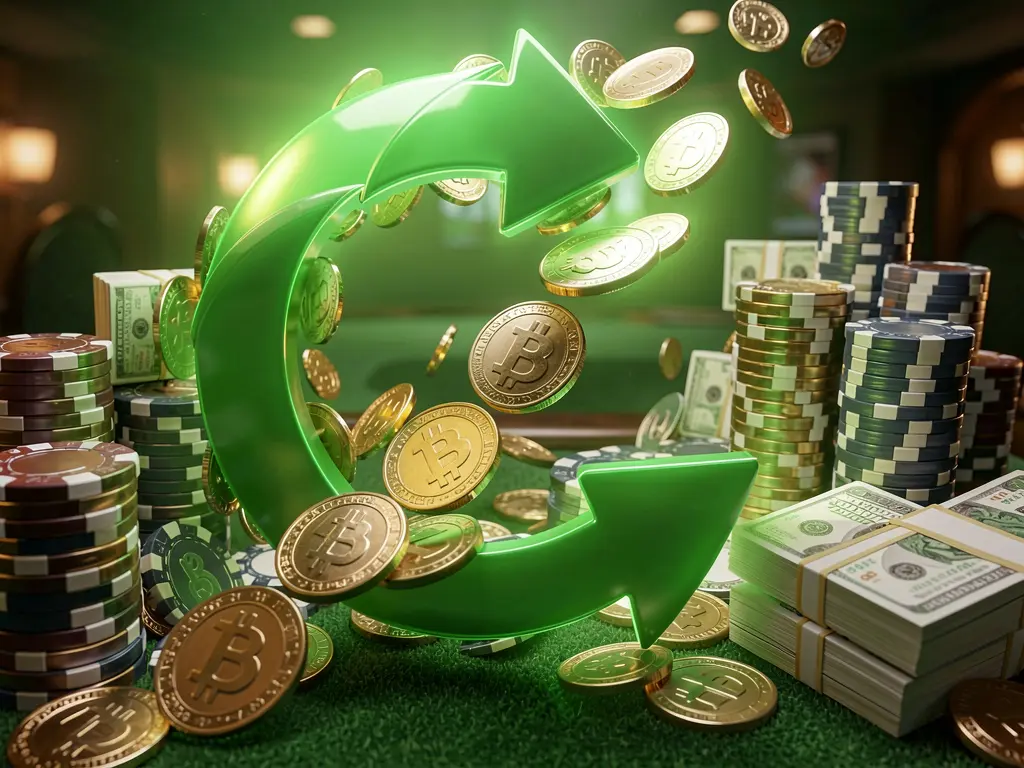 Realistic 3D render of a cashback casino bonus scene featuring coins moving in a circular arrow, stacks of chips, and cash bundles with green and gold glow, showcasing the T880 brand