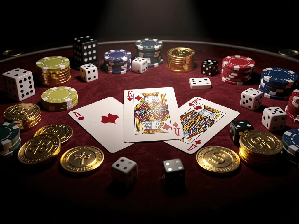 T880 casino table featuring a royal flush poker hand, colorful poker chips, golden coins, and dice on a luxury black and red background with dramatic spotlight in a realistic 3D render