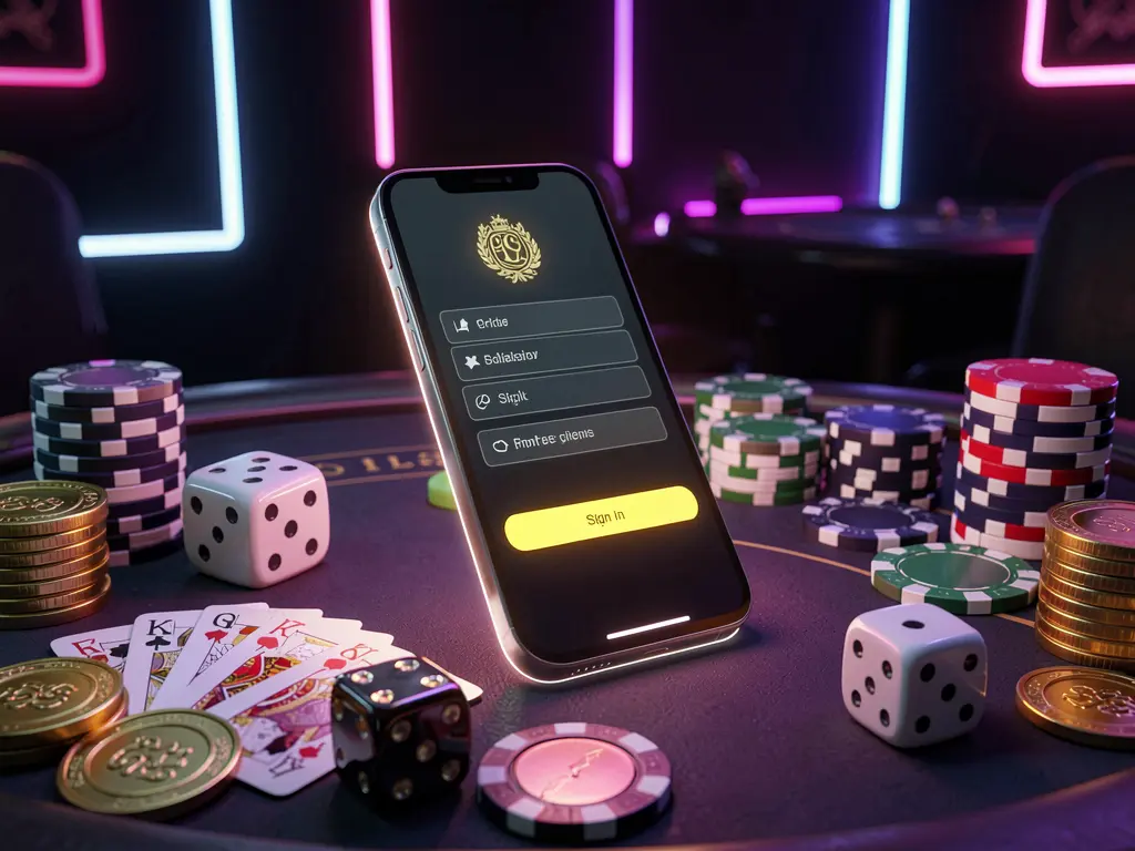 T880 casino account sign in scene with glowing smartphone on casino table surrounded by cards, chips, dice, and gold coins, set against an elegant dark background with neon highlights in a realistic 3D render