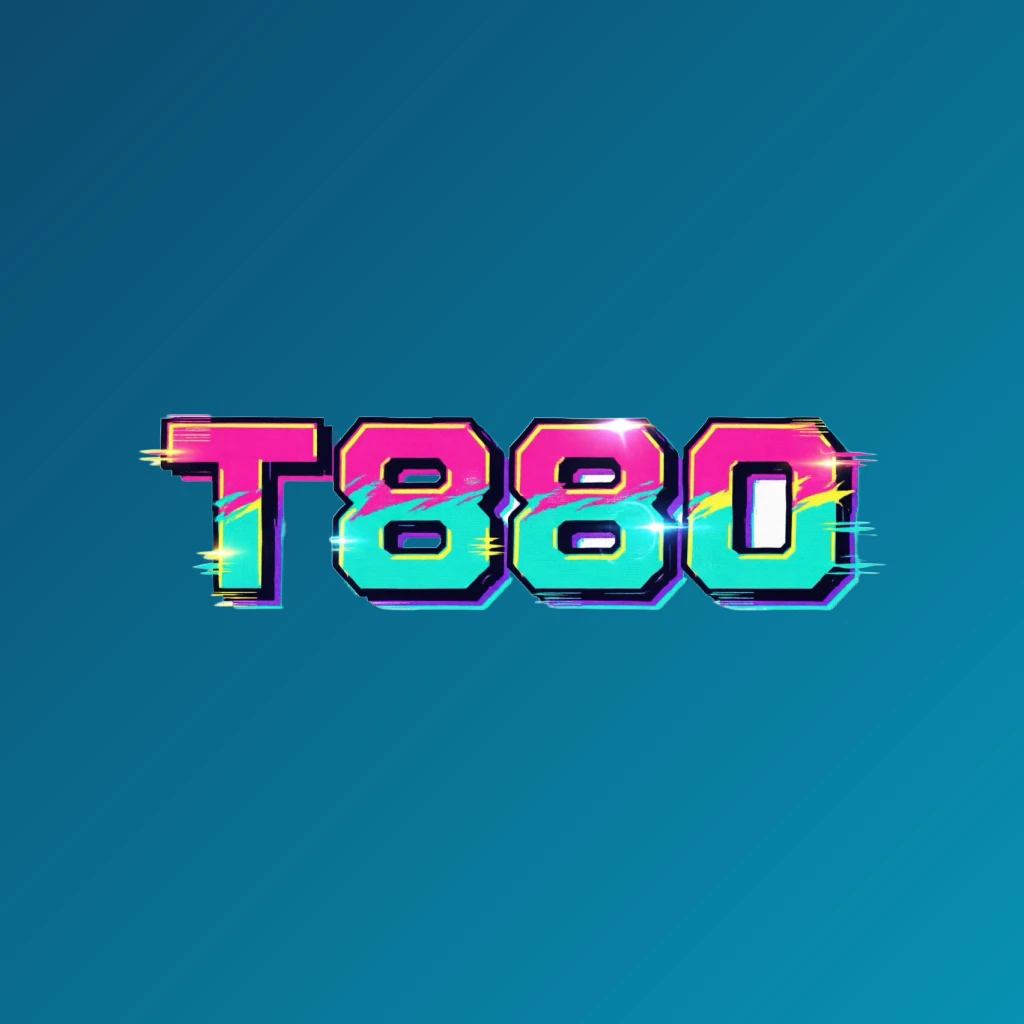 Bold arcade-style T880 logo with chunky retro typography in bright pink, turquoise, yellow, and purple colors, creating a vibrant gaming atmosphere on a transparent background